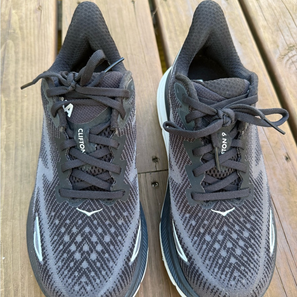 Hoka Clifton 9 Black and White Athletic Shoes - Picture 2 of 10